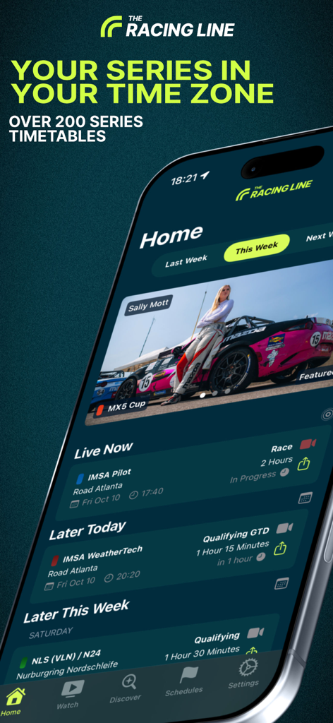 TheRacingLine: Racing Live TV - TheRacingLine app interface showing motorsport schedules and live race times in local time