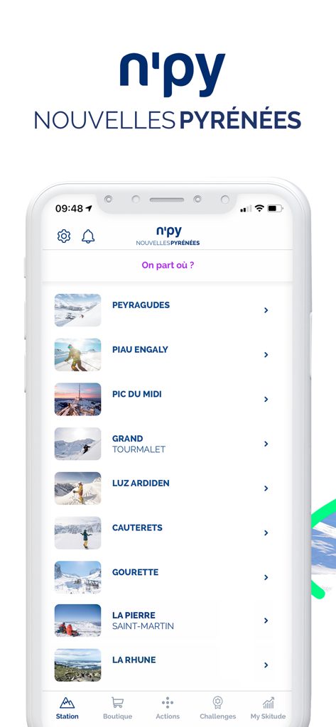 A list of ski resorts in the French Pyrenees on the NPY app interface