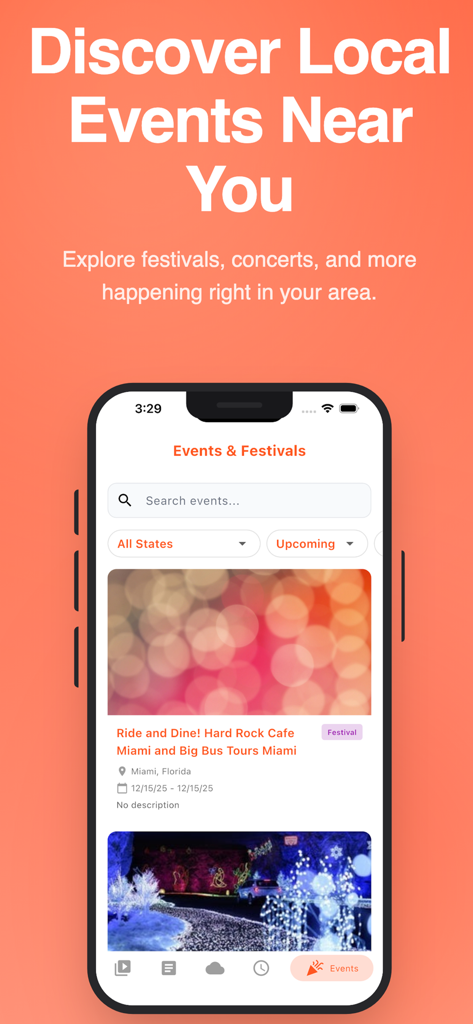 Wayfarer - USA Travel & Info - Interface of Wayfarer app showing local events and festivals in the USA