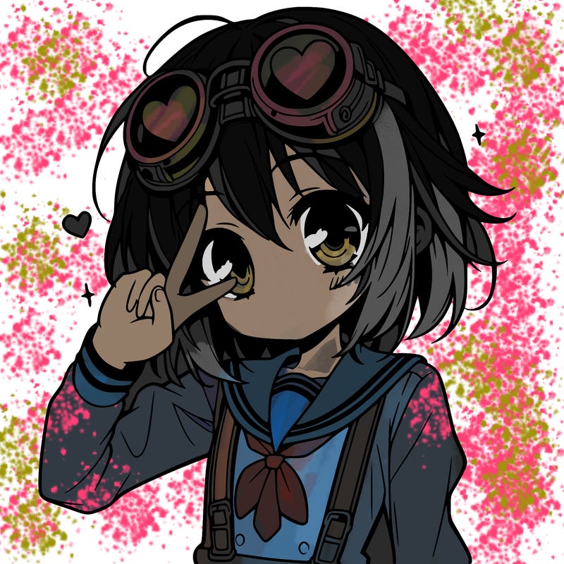 anime girl, heart goggles on head, one hand on goggles