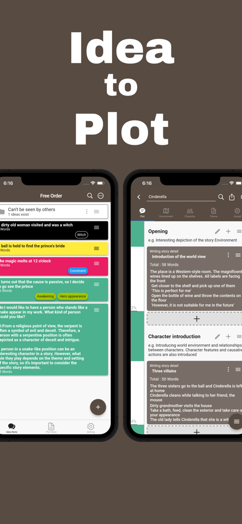 Story Plotter app interface showing story ideas and plot outlines