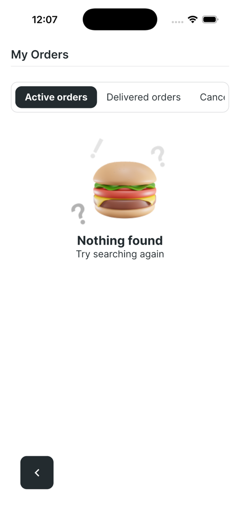 Fama Restaurant - Empty active orders screen in the Fama Restaurant app showing a burger icon