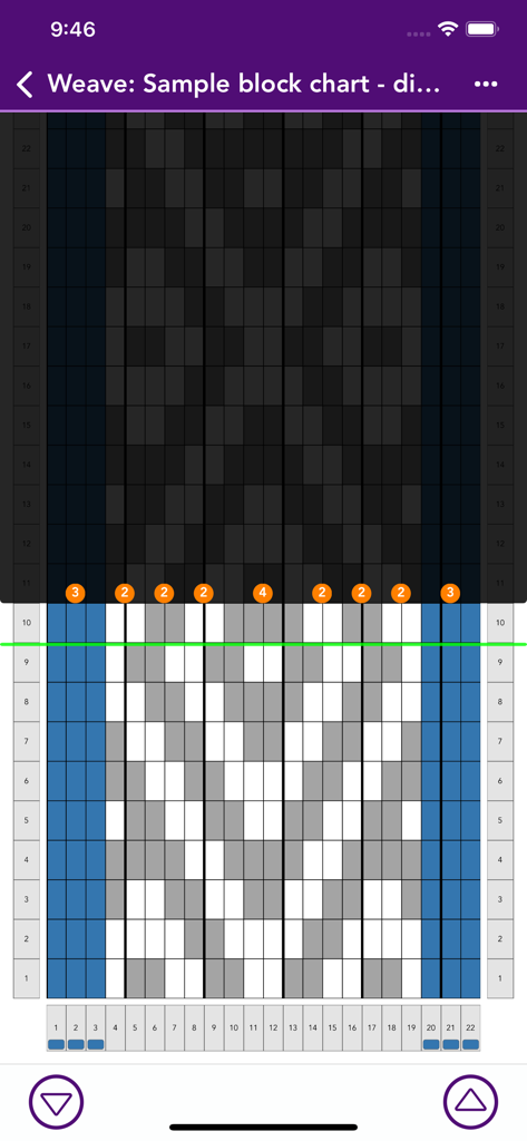 Warp Visualizer app weaving chart with row tracking indicator