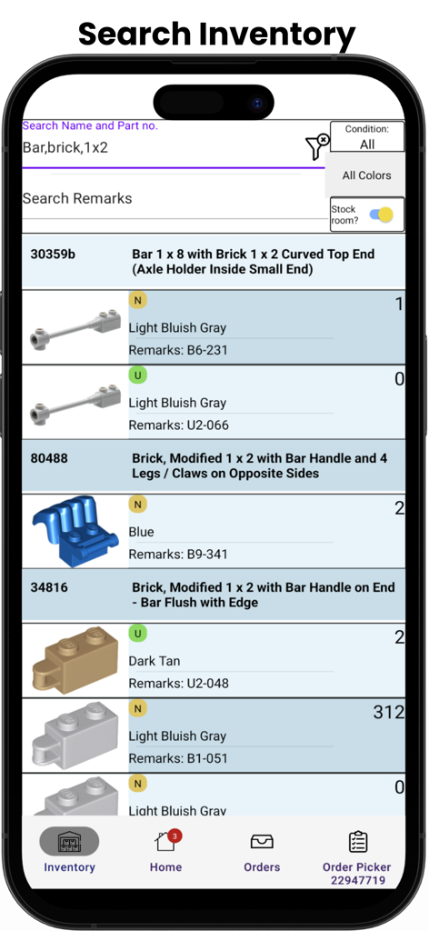 BrickSeller Companion inventory search screen showing LEGO parts with quantities and storage bin remarks
