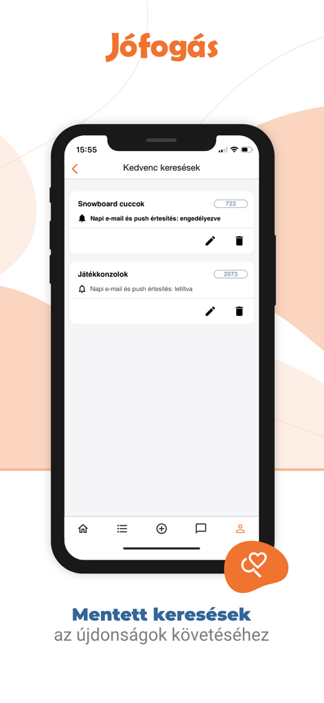 Jófogás - ハンガリー語で保存された検索のインターフェースを表示しているJofogasモバイルアプリのスクリーンショット
