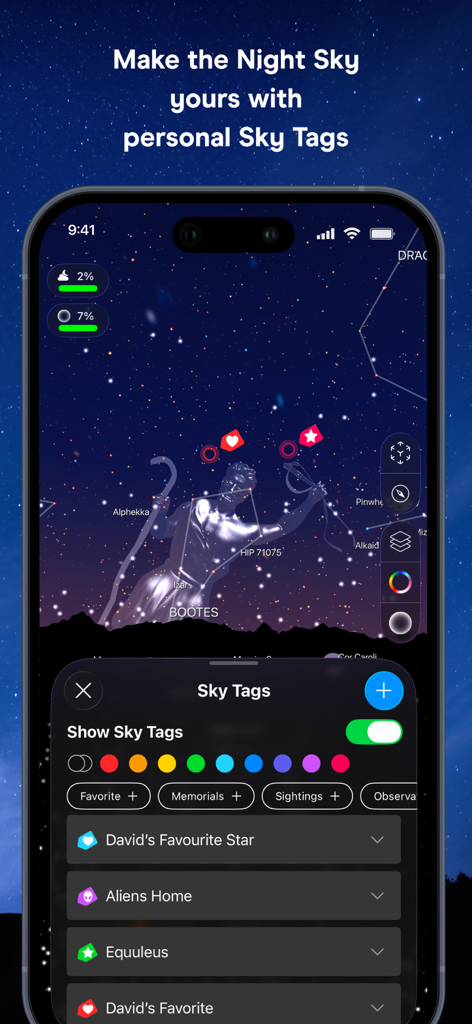Interface of the Night Sky app showing the Sky Tags feature for marking stars and constellations on a star map