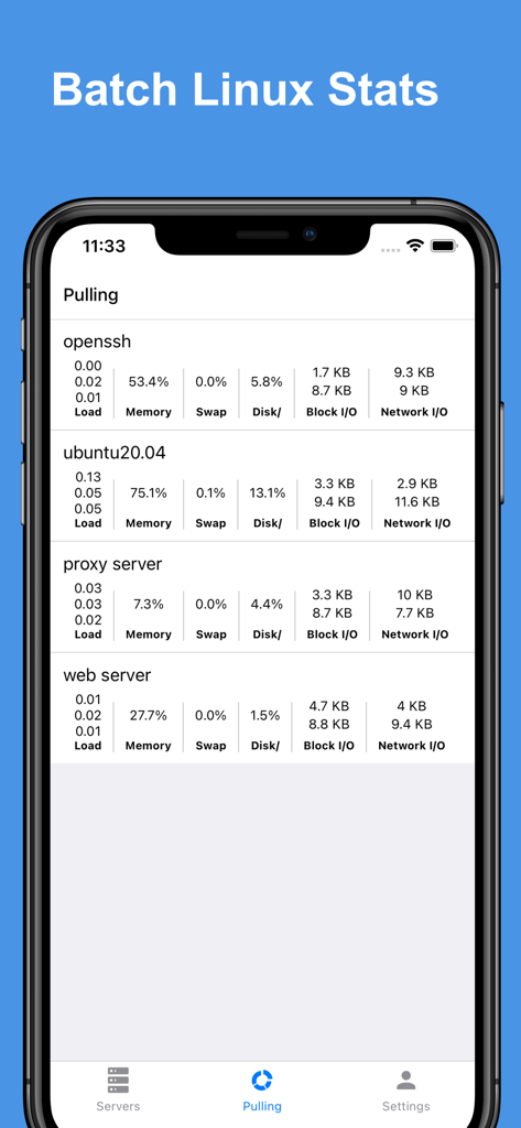 Docker Server Admin - Docker Server Admin app interface showing batch Linux stats for multiple servers.