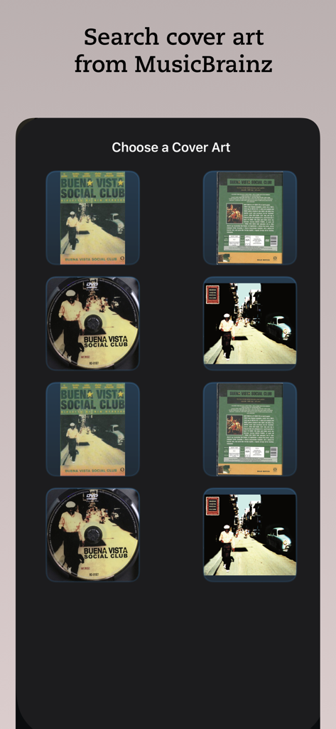 Muziqi - Pro Music Player - Interfaz para seleccionar la carátula del álbum en el reproductor de música pro Muziqi