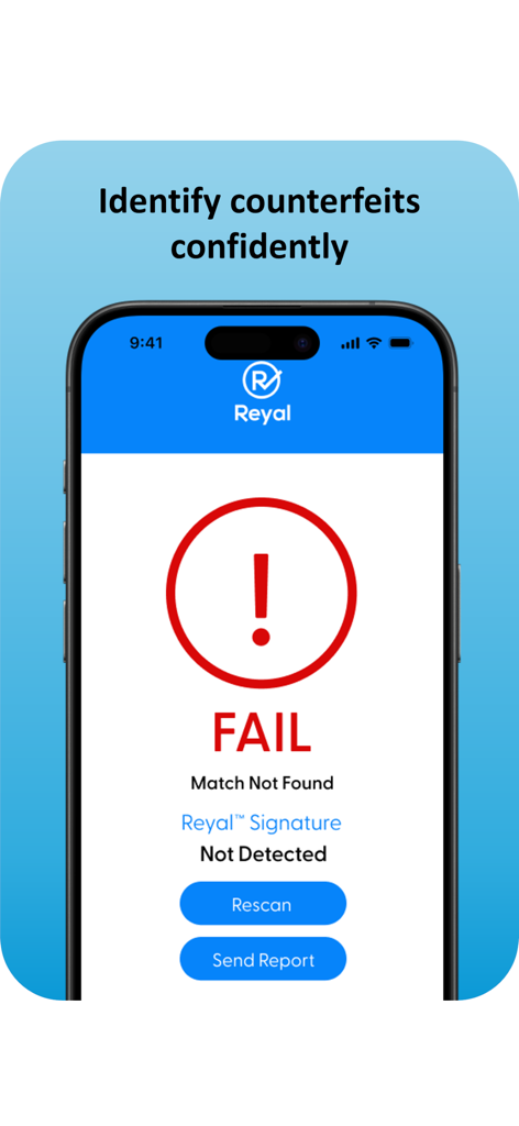 Reyal - Smartphone screen showing the Reyal app with a failed authentication scan result indicating a counterfeit product.
