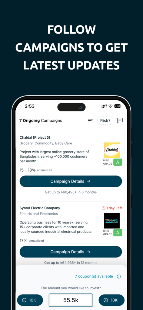 biniyog.io - Interface of biniyog.io app showing ongoing halal investment campaigns in Bangladesh with risk grades and profit rates.