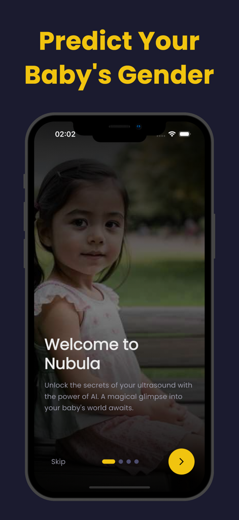 Welcome screen of the Nubula baby gender predictor app featuring a young girl and introductory text about AI ultrasound analysis.