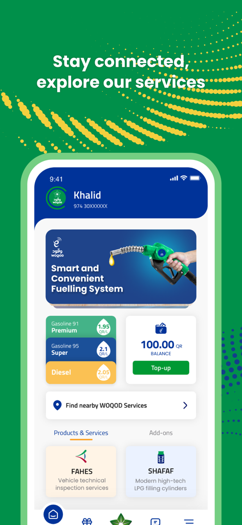 WOQOD mobile app dashboard with fuel prices and vehicle services