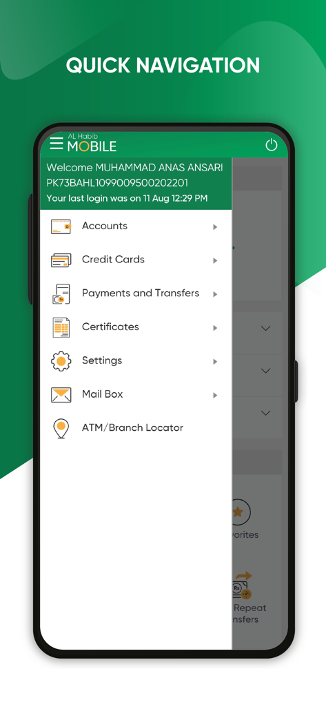 Side navigation menu of AL Habib Mobile app with options for Accounts, Payments, and Certificates