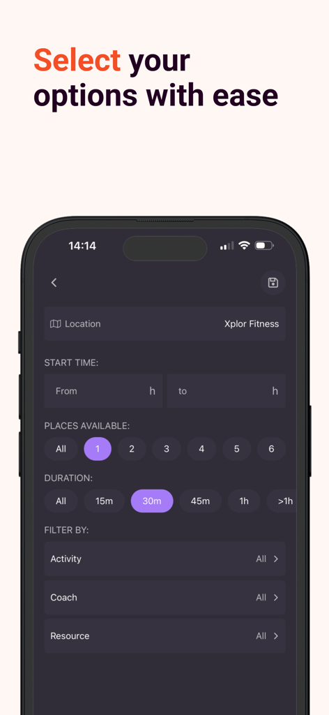 Xplor Active - Tela do aplicativo Xplor Active mostrando filtros de pesquisa de aulas de academia e opções de agendamento