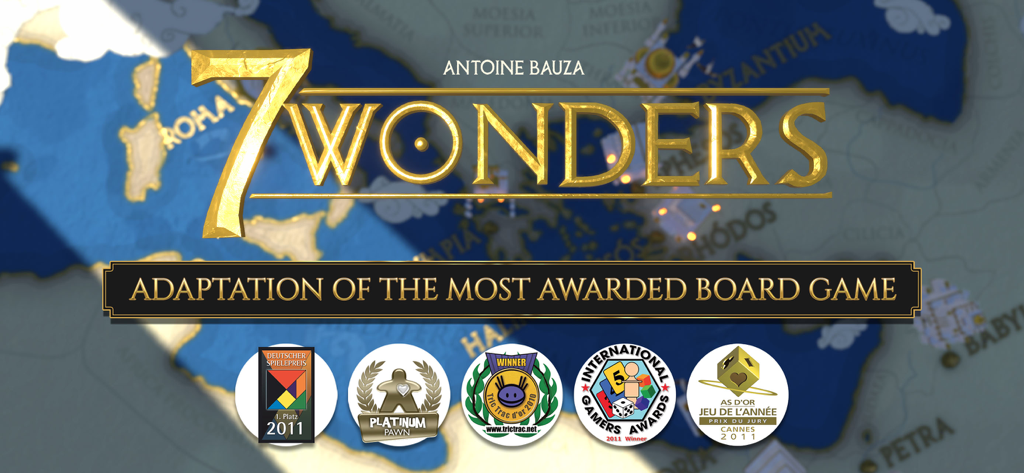 7 Wonders - Pantalla de título de la aplicación 7 Wonders con el logo del juego y varias insignias de premios internacionales de juegos de mesa.