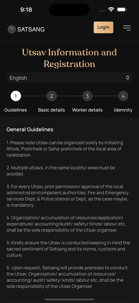 Satsang Official - Utsav information and registration screen showing general guidelines for organizers in the Satsang Official app.