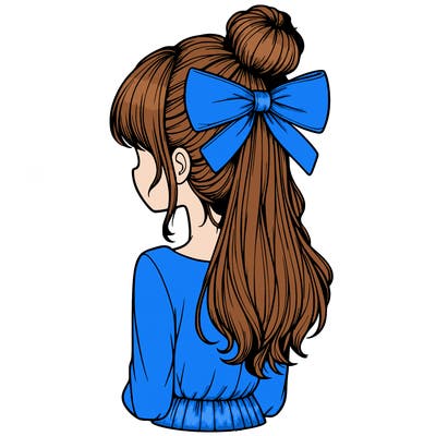 realistic girl  with hip length hair a bun and a big bow on the back of head