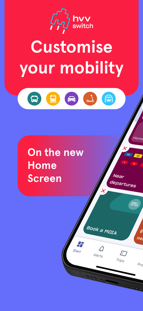 hvv switch app interface showing customizable mobility options on the new home screen