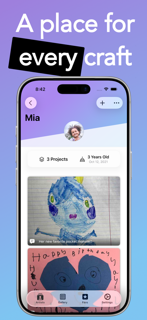 Artbox app interface showing a child artist profile titled Mia with a gallery of digitized drawings and crafts