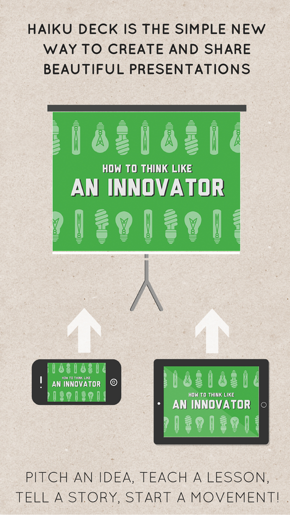 Haiku Deck app showing a presentation slide titled How To Think Like An Innovator syncing across an iPhone, iPad, and projector screen.
