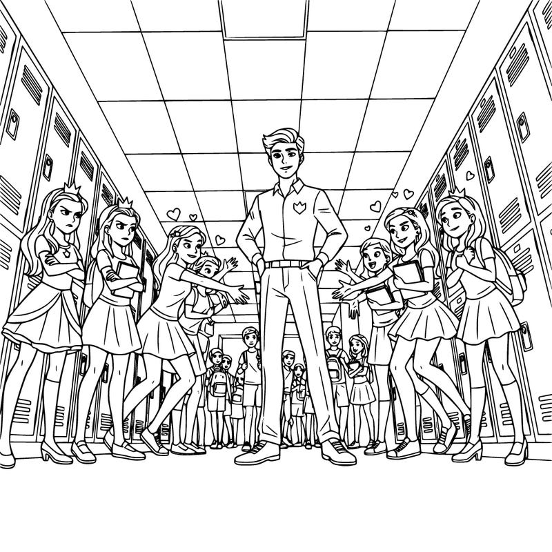 a teenage prince undercover at a high school.  teenage girls swooning over him.  there are school lockers and other teens in the background.   there are two undercover princesses as well off to the side, annoyed by the girls swooning