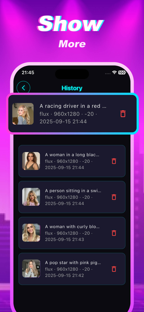 Kiku - Discover, Share - History screen of Kiku app showing a list of AI generated portraits and text prompts in a neon aesthetic