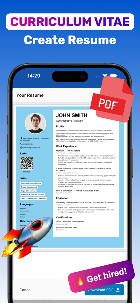 CV Resume Maker ¹ - Interfaz de iPhone mostrando un currículum vitae profesional con un botón de exportación a PDF y un icono de cohete
