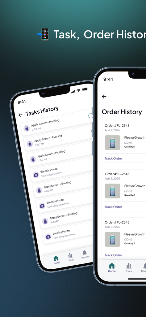 Fleava: Hair Health for Men - Two iPhone screens displaying the Fleava app task history for hair serum application and order history for growth products