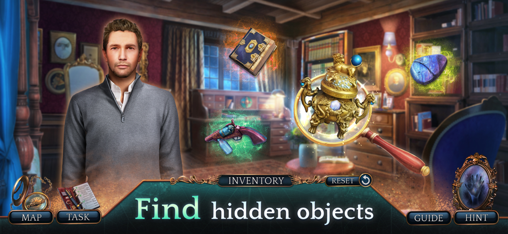 Haunting Novel 1: Hidden Hotel - 主人公と、図書館で見つけるべき光るオブジェクトが表示されているHaunting Novel 1 Hidden Hotelのゲームプレイシーン