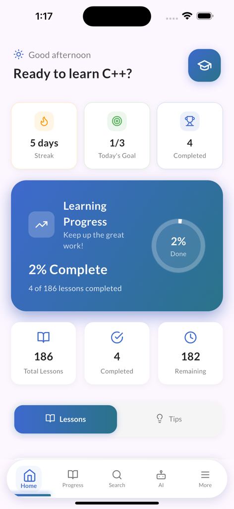 Learn C++ Programming Offline - Dashboard of the C plus plus learning app showing user progress daily streaks and lesson completion status