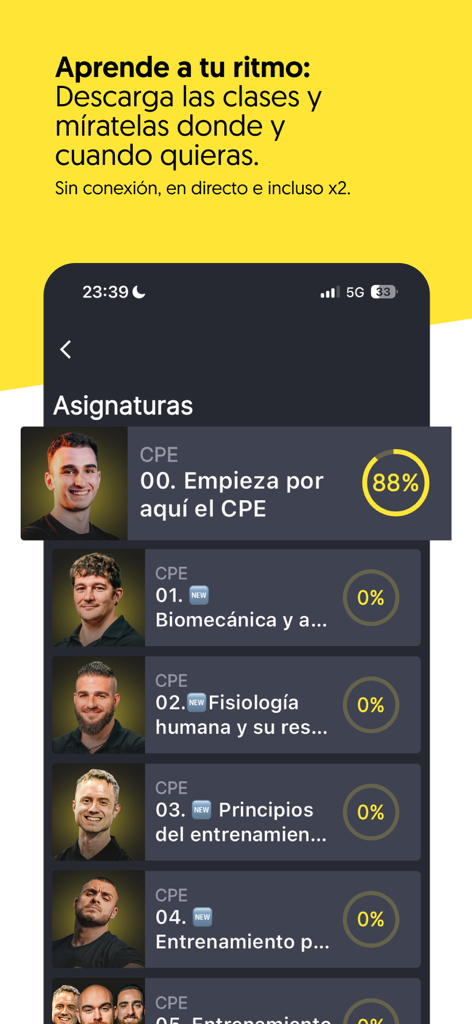 Pantalla de la aplicación Fit Generation Academy mostrando una lista de cursos de educación de fitness y el progreso del estudiante