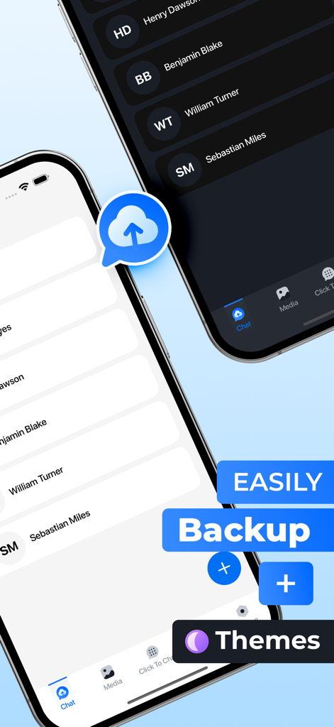 Chat Backup Restore - Interface of Chat Backup Restore app showing light and dark mode themes for message history