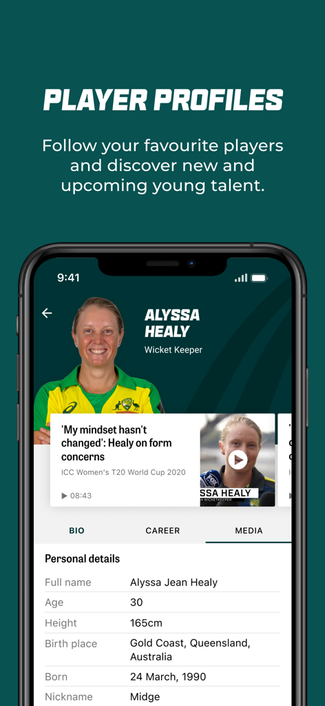 Cricket Australia Live - Cricket Australia Live app player profile screen showing Alyssa Healy personal details and media highlights.