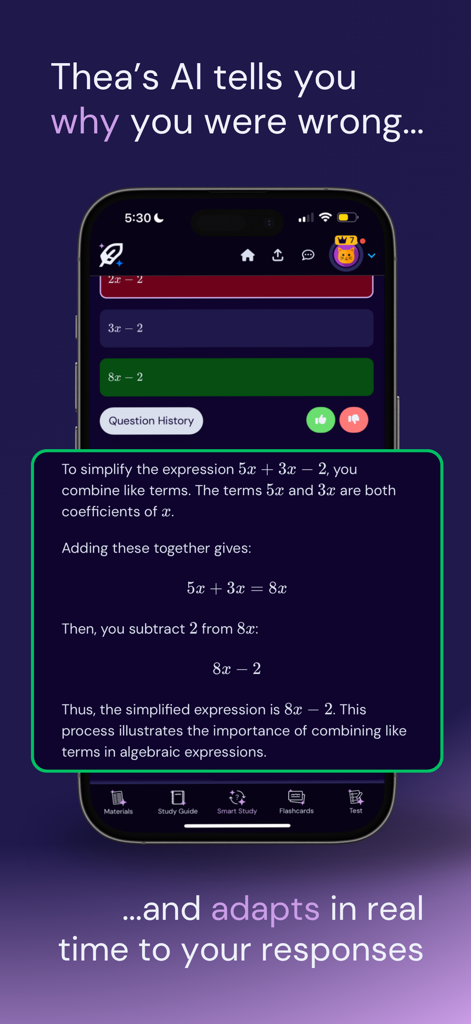 Thea: Study Smart - Thea AIが代数数学の問題に対する詳細なステップバイステップの説明を提供しているモバイルアプリのインターフェース。