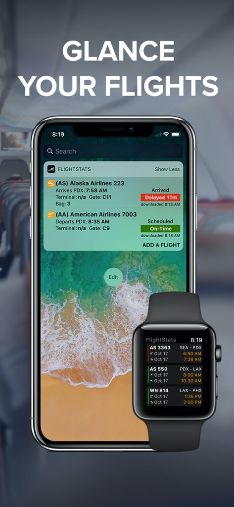 FlightStats app flight status widget on iPhone and Apple Watch for quick glances
