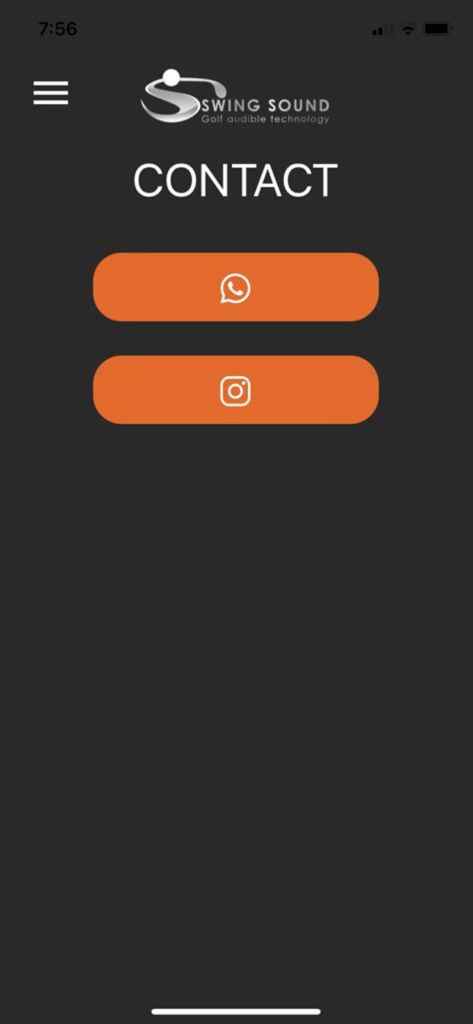 SwingSound Golf - SwingSound Golf app contact screen with WhatsApp and Instagram buttons