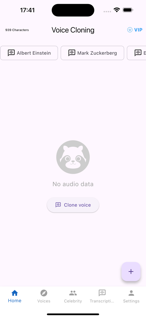 Pantalla de inicio de la aplicación Generador de Voz AI Clonación de Voz con opciones de voz de celebridades y un botón de clonación de voz