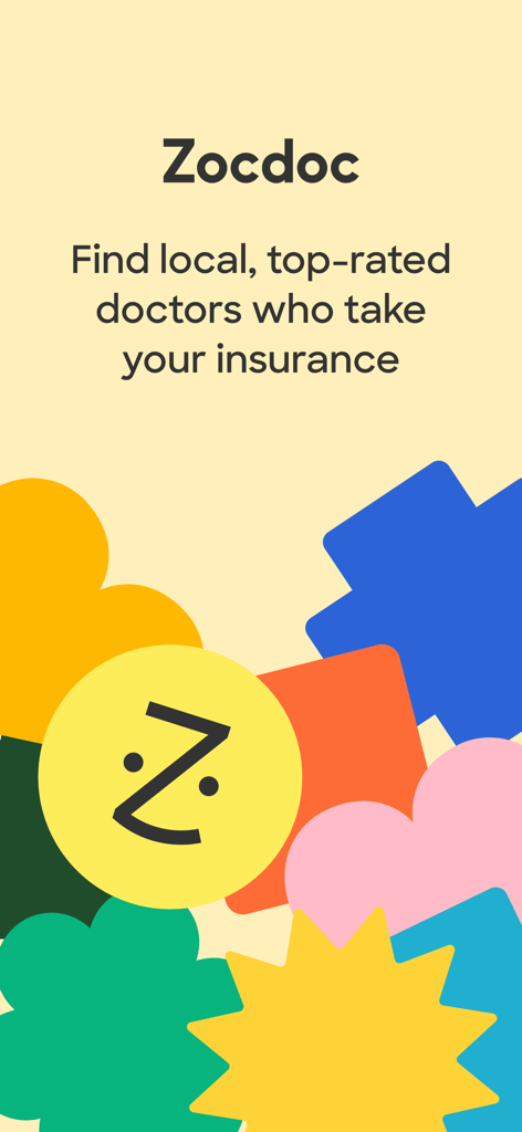 Zocdoc mobile app splash screen for finding local top rated doctors using insurance