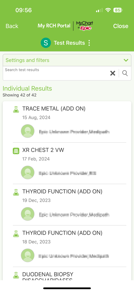 My RCH Portal - My RCH Portalアプリ内の検査結果を表示する画面。