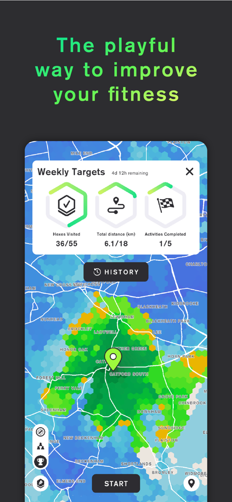 Stride: Fun Fitness Motivation - Stride App-Oberfläche, die eine Karte zur Eroberung von Gebieten und wöchentliche Fitnessziele zeigt.