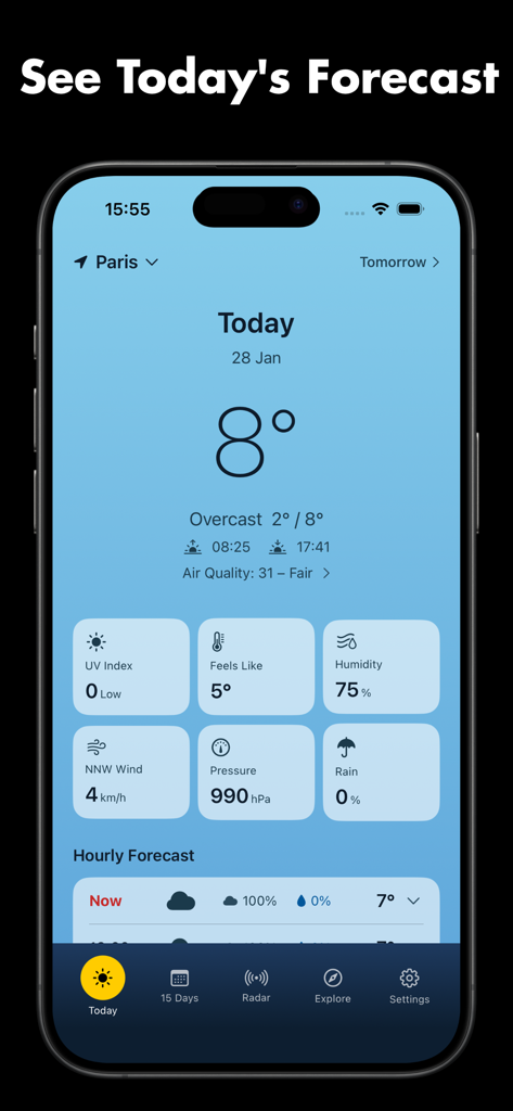 WeatherMax: Daily Forecast - WeatherMax app interface showing today's weather forecast for Paris with temperature and meteorological data cards