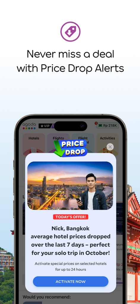 Agoda app interface showing a price drop alert notification for hotel deals in Bangkok