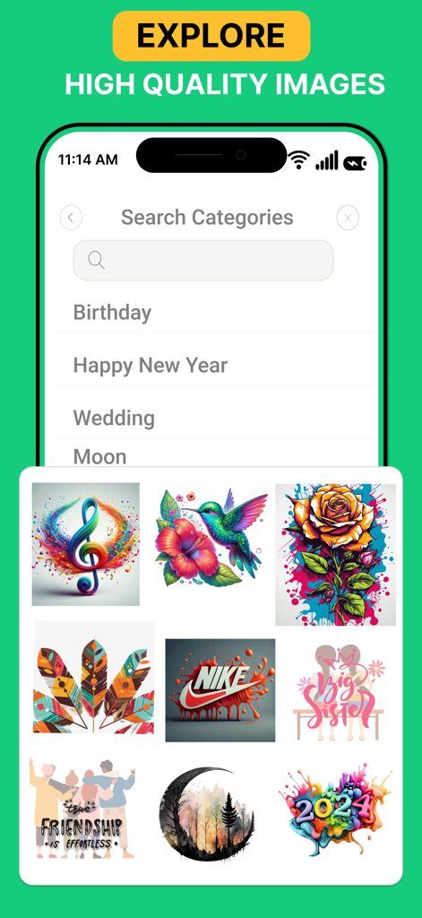 Design Studios Of Cricut - Uma tela de aplicativo móvel mostrando categorias de pesquisa e uma galeria de designs de artesanato de alta qualidade