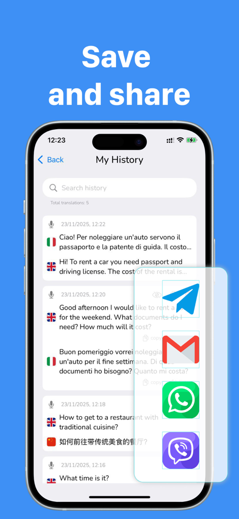 Real Time Language Translator - Tela de histórico do aplicativo DuoDictum mostrando logs de tradução e opções de compartilhamento para mensagens e e-mail