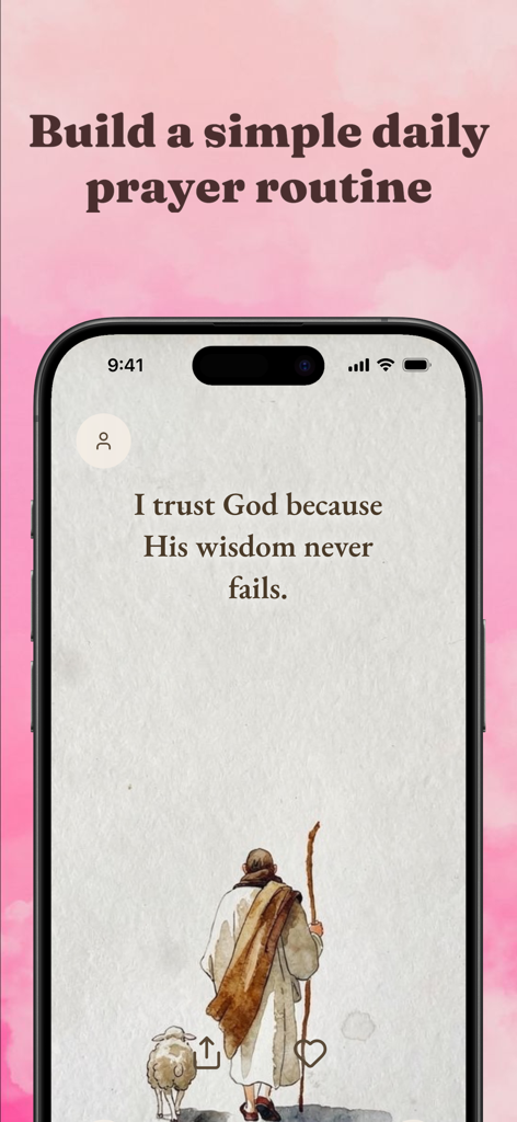 Divine: Bible Widget for Women - A mobile phone displaying a spiritual quote and a watercolor illustration of a shepherd on a pink background for the Divine app.