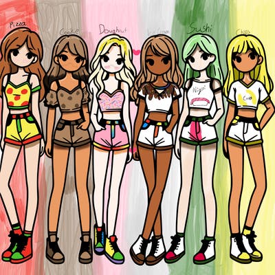 a group of girls wearing crop tops and shorts