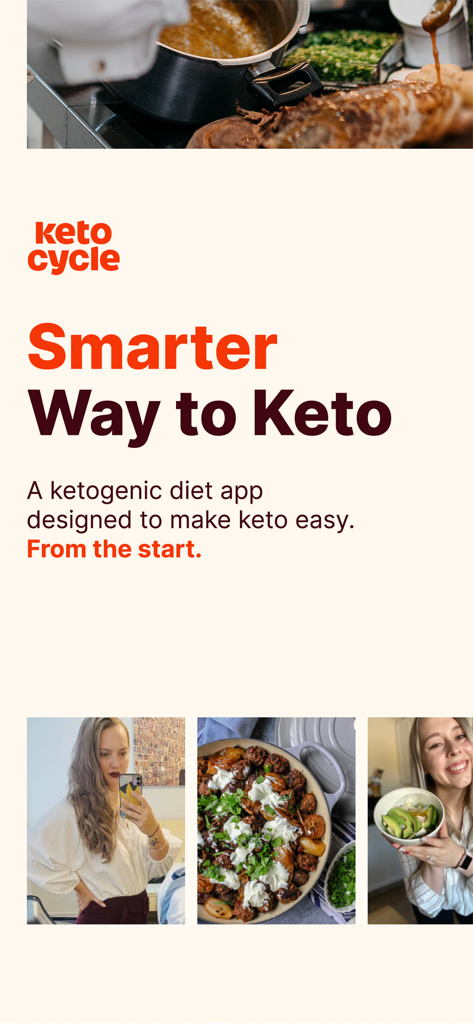 Keto Cycle app introduction showing Smarter Way to Keto slogan with food and lifestyle photos