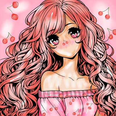 realistic, anime girl with really long curly hair