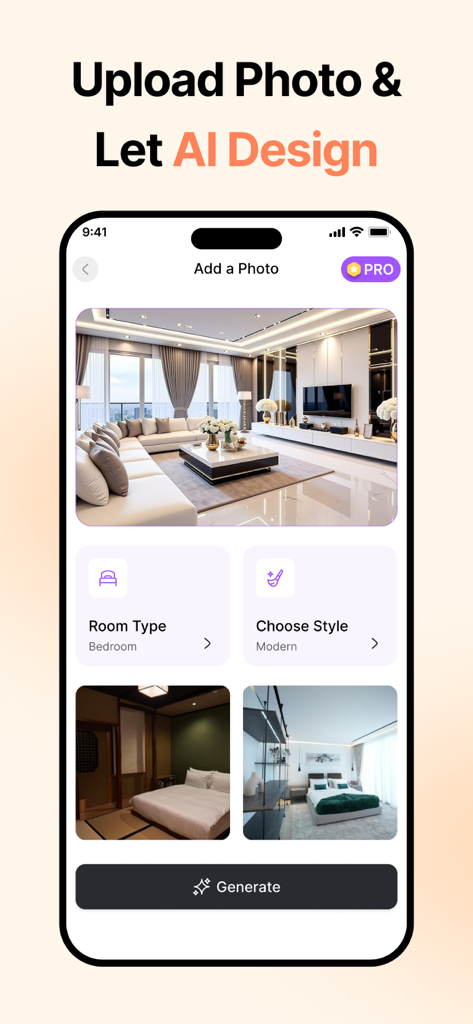 AI Interior Design -AI Home - Interface of the AI Interior Design app showing the option to upload a photo and choose a modern bedroom style