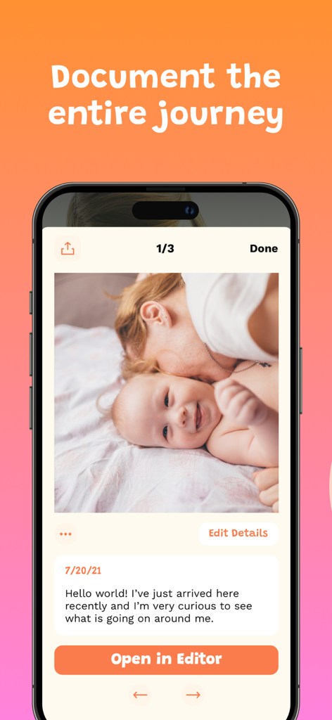 Babio: Baby Monthly Pictures - Babio app interface showing a mother kissing her baby with a sentimental diary entry